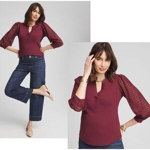 CHICOS NWT Burgundy Split Neck 3/4 Lace Sleeve Top 2 (L/12)